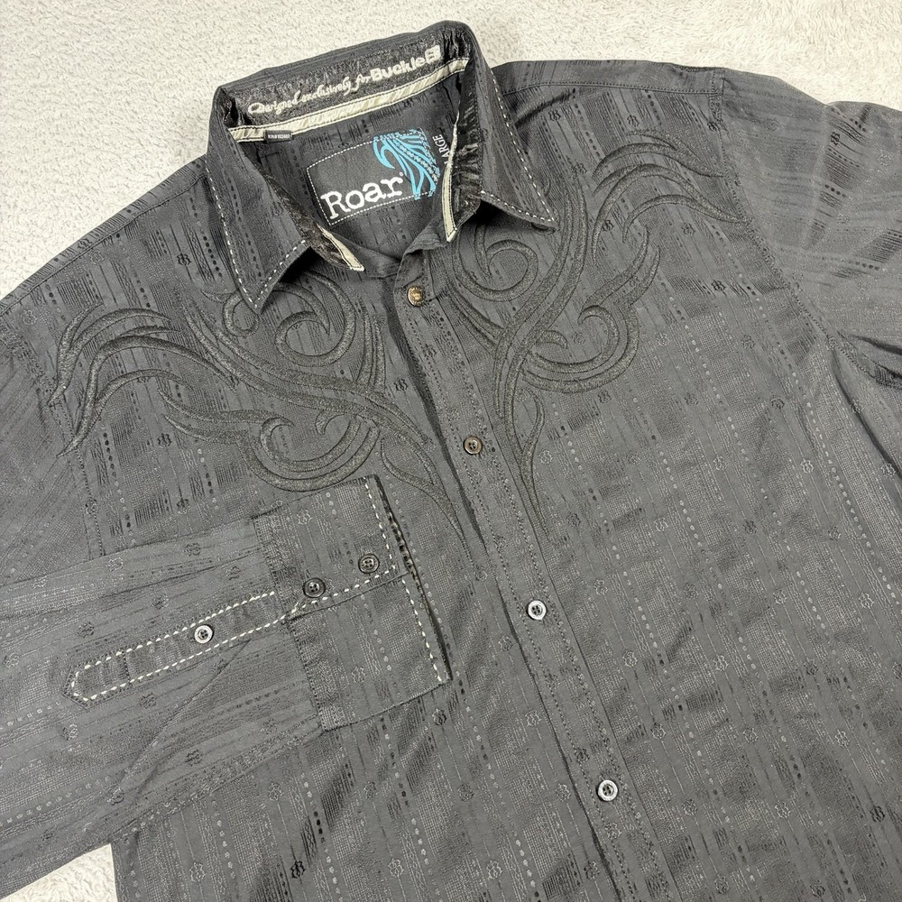 VINTAGE Roar Buckle B Shirt Mens XL Black Embroidered Button Up Y2K Rocker Edgy